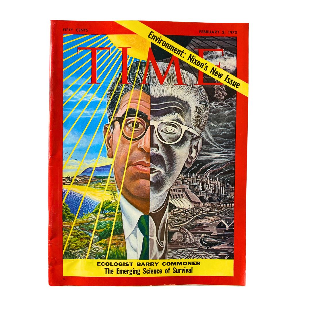 VTG Time Magazine February 2 1970 featuring ecologist Barry Commoner on the cover, showcasing vibrant artwork and environmental themes.