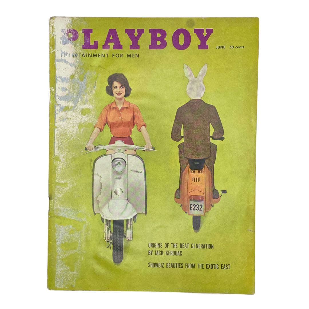 Cover of VTG Playboy Magazine June 1959 featuring a woman on a scooter and a man in a suit with a rabbit mask, highlighting the retro design and colors.