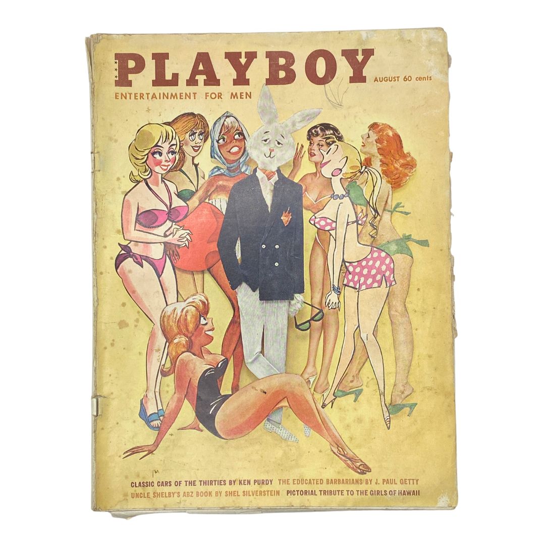 VTG Playboy Magazine August 1961 cover featuring illustrated characters and a rabbit in a suit, representing the 1960s glamour and cultural essence.