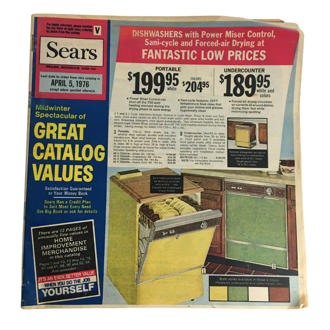 1976 Sears Roebuck and Co. Midwinter Spectacular Catalog cover featuring dishwashers with pricing details at fantastic low prices.