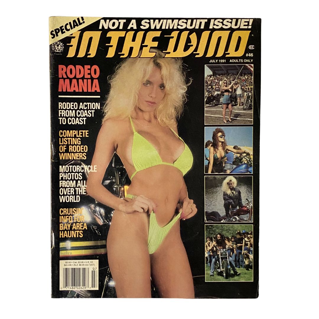 In The Wind Magazine July 1991 featuring a prominent Heather cover showcasing Rodeo Mania, with vibrant imagery reflecting motorcycle culture and fashion from the era.