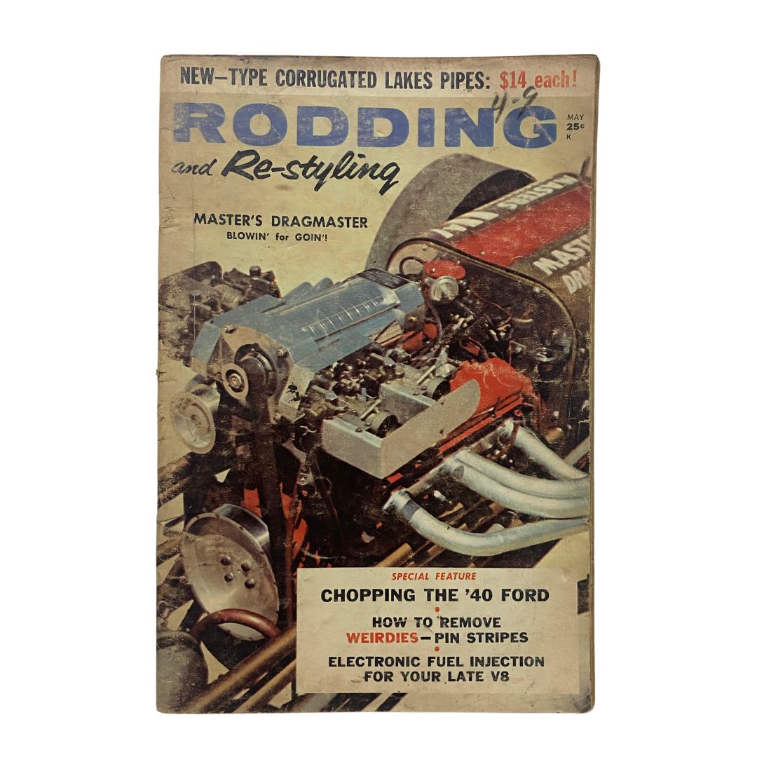Cover of VTG Rodding & Re-Styling Magazine May 1959 featuring a colorful automotive design with text highlighting 'Chopping the '40 Ford' and various technical features for car enthusiasts.