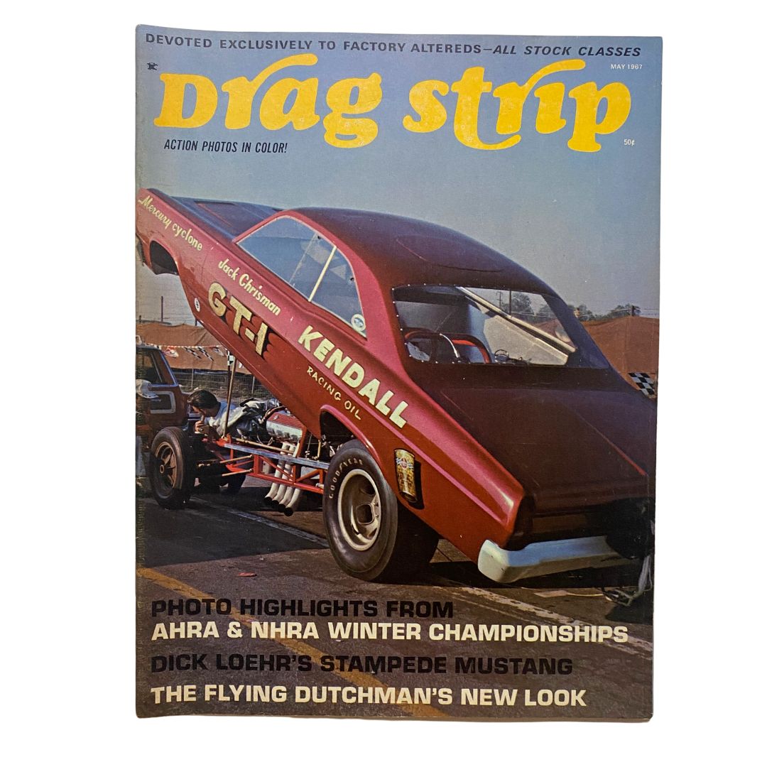 VTG Drag Strip Magazine May 1967 featuring The Flying Dutchman's New Look on the cover, showcasing a classic drag racing car in action.