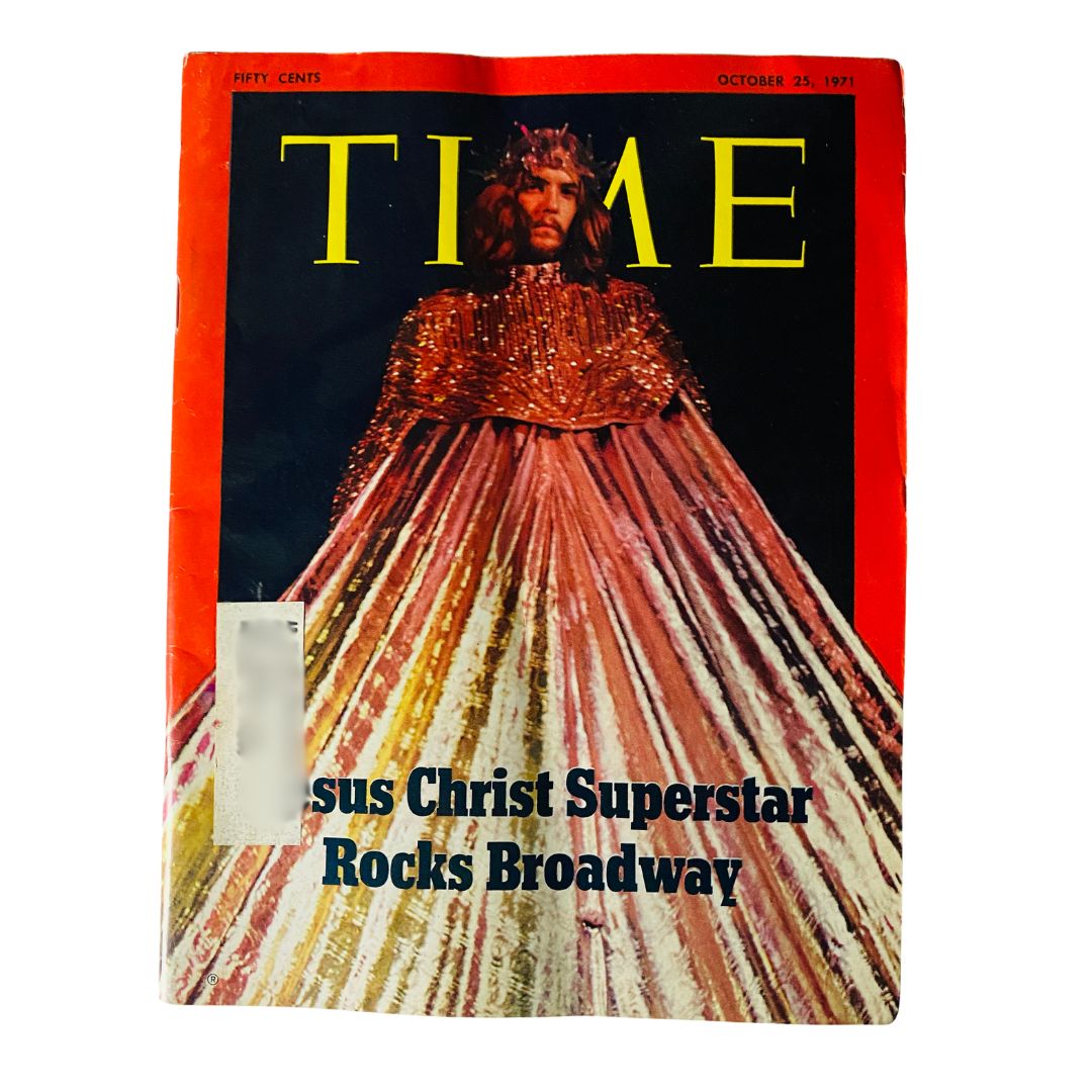 Vintage Time Magazine cover from October 25, 1971 featuring 'Jesus Christ Superstar Rocks Broadway' with striking imagery of a theatrical performance.