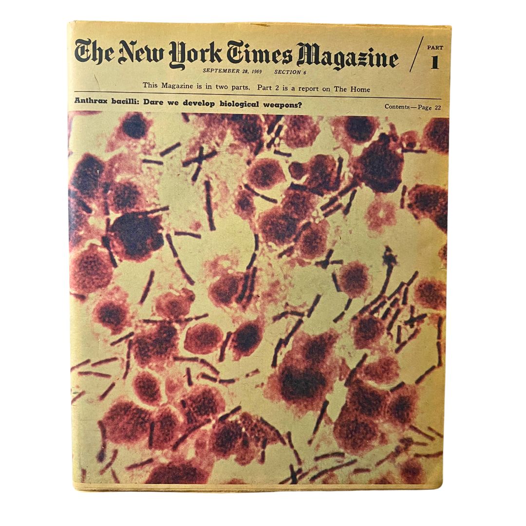 Cover of The New York Times Magazine, September 28, 1969, featuring an article on Anthrax Bacilli, Part 1. The colorful design highlights and presents the historical significance of the magazine.
