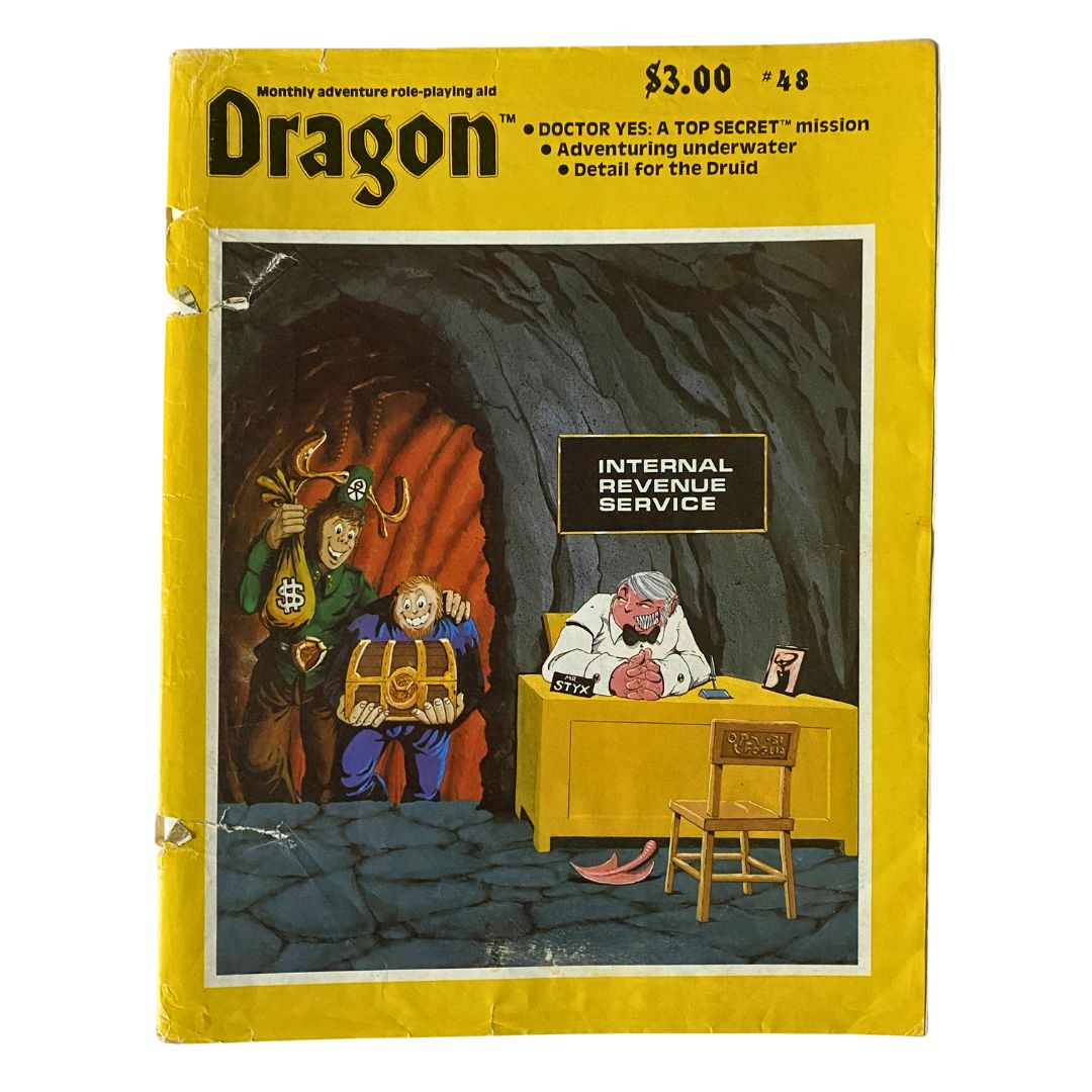 VTG The Dragon Magazine April 1981 #48 cover featuring Internal Revenue Service themed artwork, showcasing fantasy characters in a cave with a treasure chest.