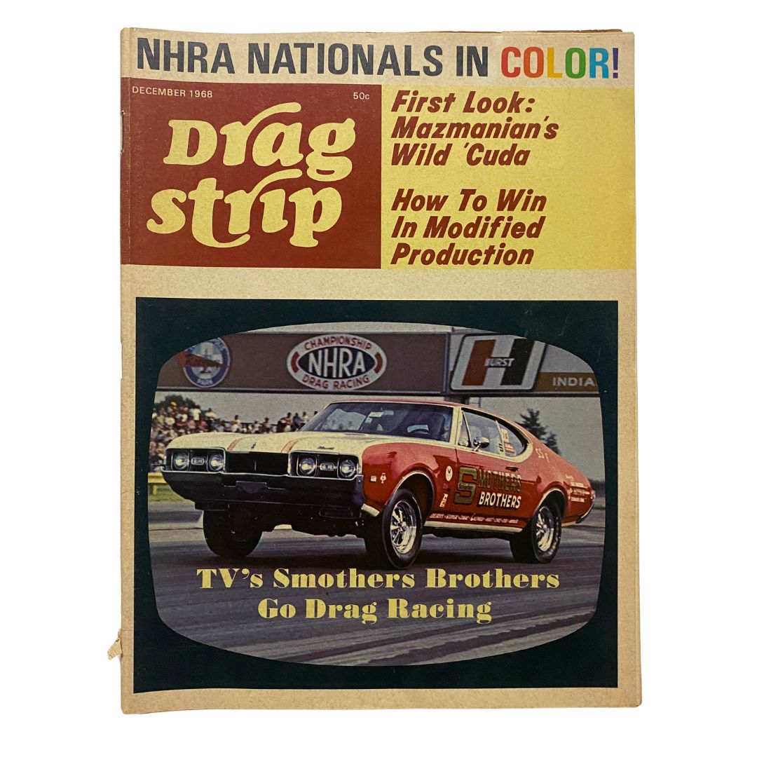 VTG Drag Strip Magazine December 1968 featuring TV's Smothers Brothers Drag Racing with a vibrant cover showcasing a classic drag racing car.