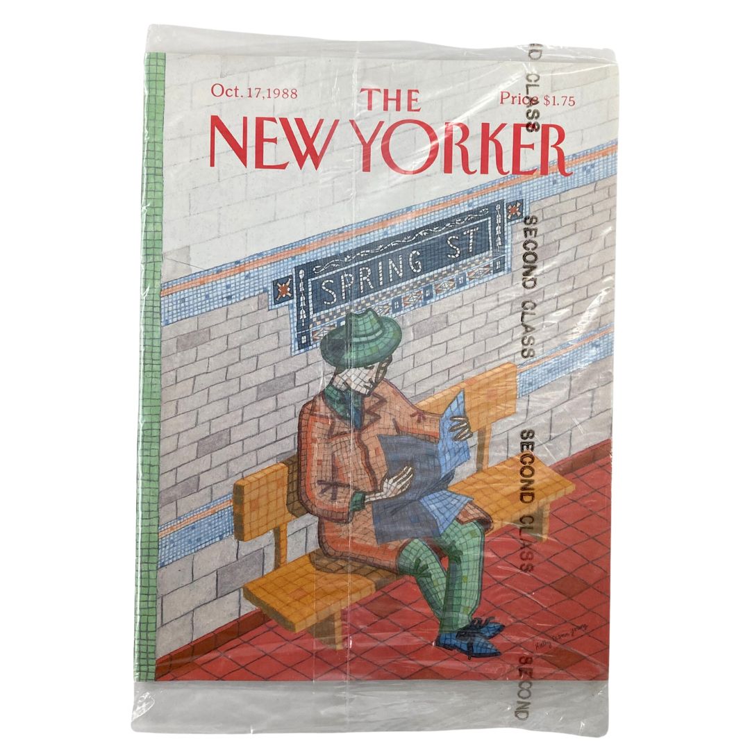The New Yorker Full Magazine October 17 1988 featuring the cover art titled 'Spring Street'. The cover displays an illustrated character seated on a bench, reading a newspaper, set against a tiled subway station backdrop.