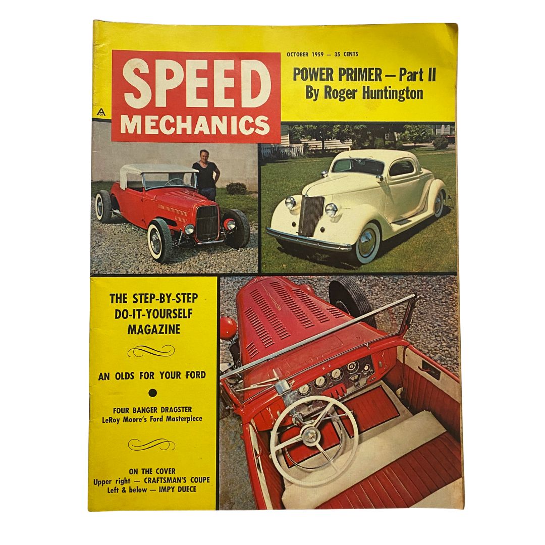 VTG Speed Mechanics Magazine October 1959 cover featuring 'Power Primer Part II' by Roger Huntington. The cover shows classic cars, including a bright red hot rod and a white vintage coupe, with an emphasis on automotive DIY projects.