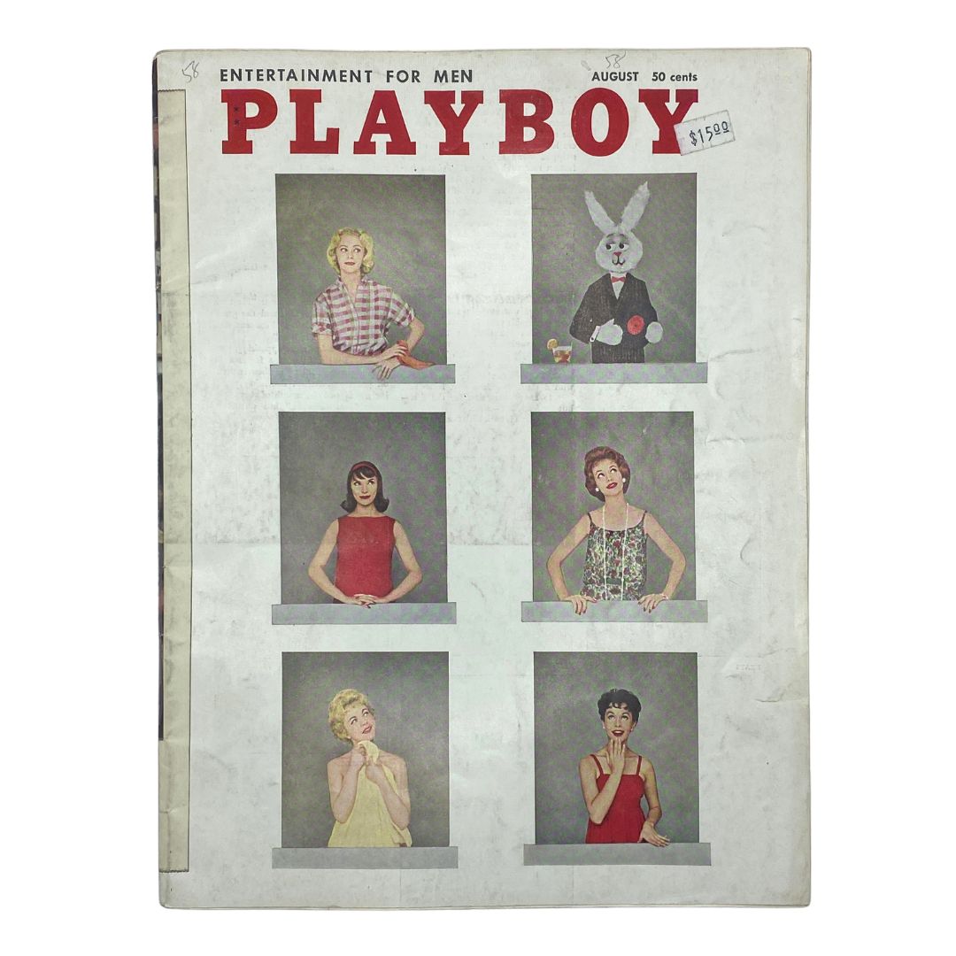 Vintage Playboy Magazine August 1958 cover featuring various women and a bunny mascot, perfect for collectors of Playboy memorabilia.