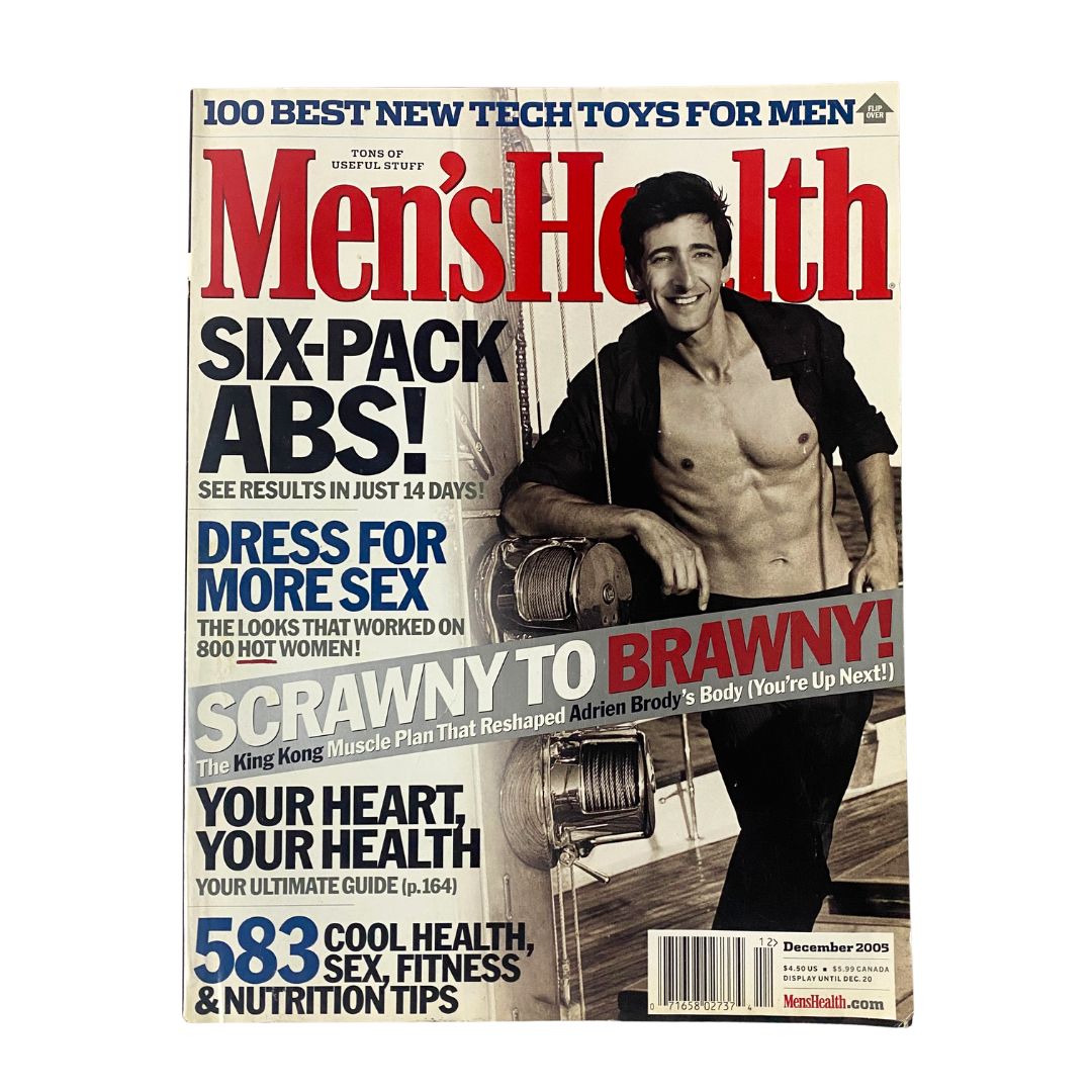 Cover of Men's Health Magazine December 2005 featuring King Kong star Adrien Brody. This collectible issue highlights topics like fitness, health advice, and lifestyle tips for men, emphasizing the early 2000s fitness culture.