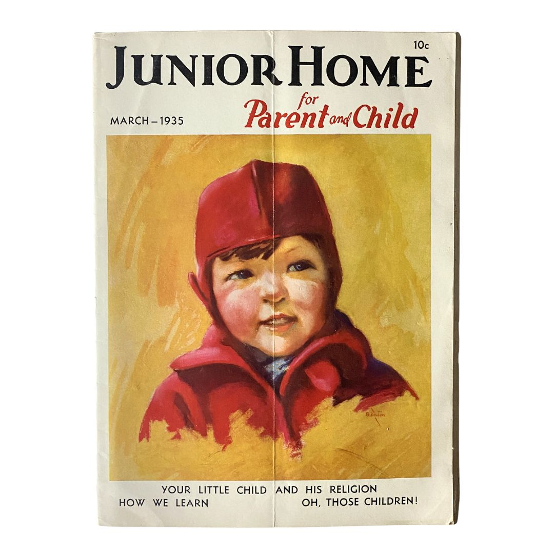 Cover of VTG Junior Home for Parent & Child March 1935 magazine featuring a painted portrait of a smiling child in a red outfit, highlighting the theme of parenting and childhood.