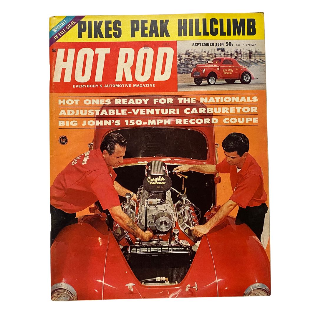 Cover of VTG Hot Rod Magazine September 1964 featuring Big John's 150-MPH Record Coupe with mechanics working on the engine.