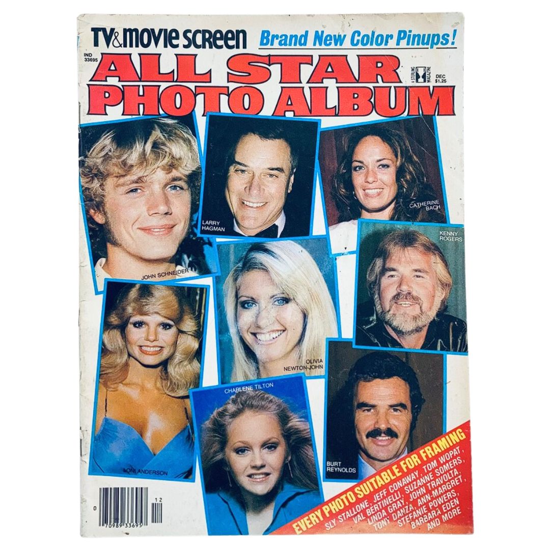 1980 TV & Movie Screen December All Star Photo Album featuring Olivia Newton-John on the cover, surrounded by other famous actors of the era including Larry Hagman, John Schneider, and Charlene Tilton. A collectible vintage magazine that reflects pop culture of the 1980s.
