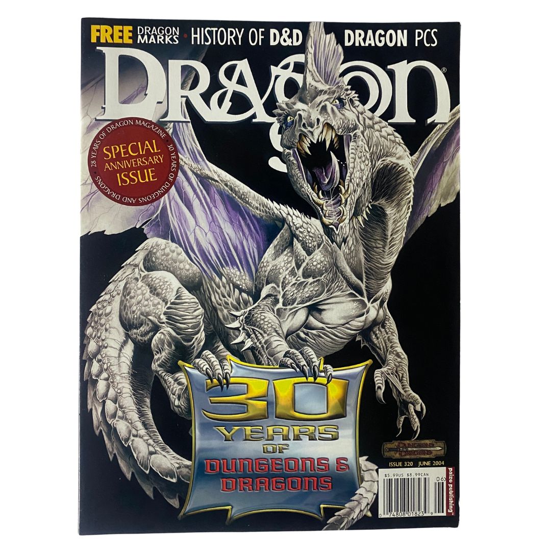 Dragon Magazine June 2004 Issue #320 featuring Wayne Reynolds' iconic cover art, celebrating 30 years of Dungeons & Dragons, in very good condition.