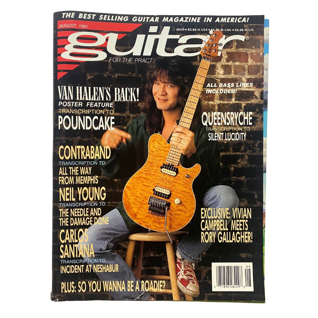 Guitar for the Practicing Musician Magazine August 1991 cover featuring Van Halen with a striking image of a guitarist holding an orange guitar.