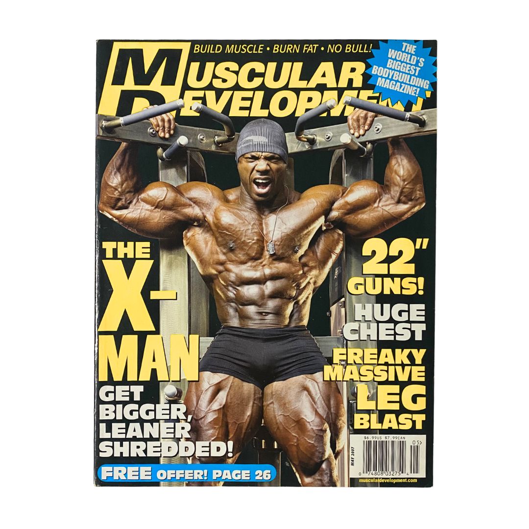 Cover of Muscular Development Magazine May 2007 featuring Tony Freeman, showcasing his muscular physique with the headline about the X-Man, emphasizing bodybuilding and fitness culture.