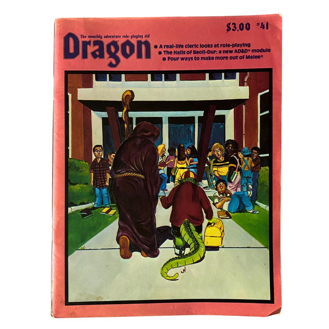 Cover of VTG The Dragon Magazine September 1980 #41 titled 'The Halls of Beoll-Dur'. The cover features colorful illustrations of fantasy characters and a group of students in a school setting.