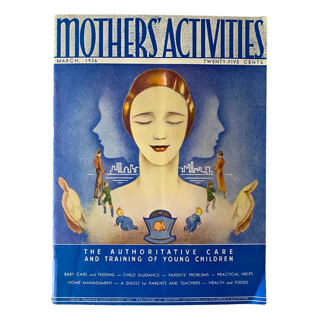 Cover of VTG Mother's Activities Magazine from March 1936, featuring vintage design and illustrations related to baby care and parenting.