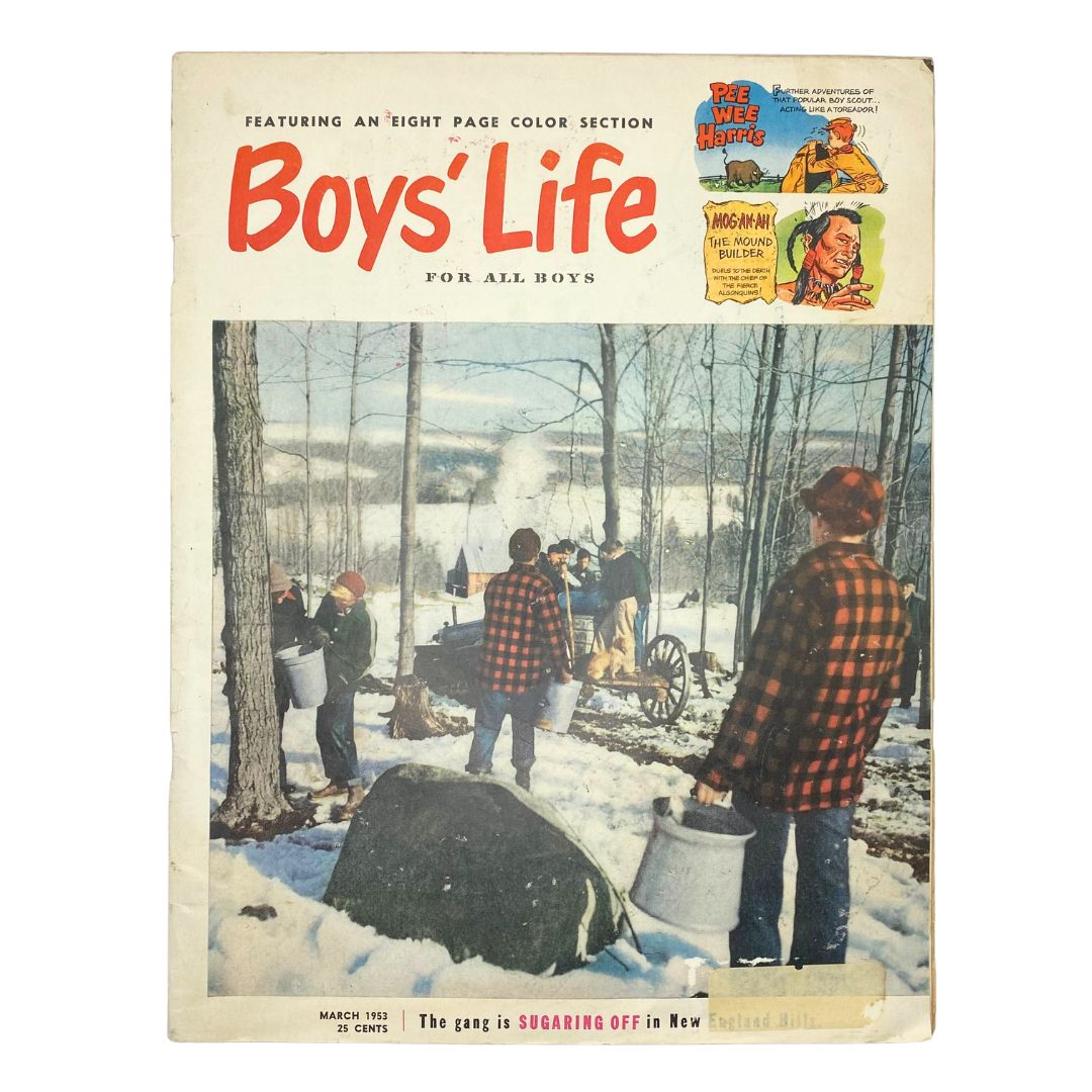 Cover of VTG Boys' Life for All Boys Magazine March 1953 showcasing a winter scene with boys collecting sap from maple trees, highlighting the theme 'The gang is Sugaring Off in New England'