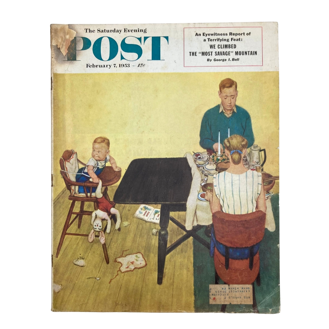 Cover of Saturday Evening Post Magazine February 7, 1953, featuring a family scene at dinner with a child in a high chair and playful pets, embodying the theme of 'Grown Ups'.