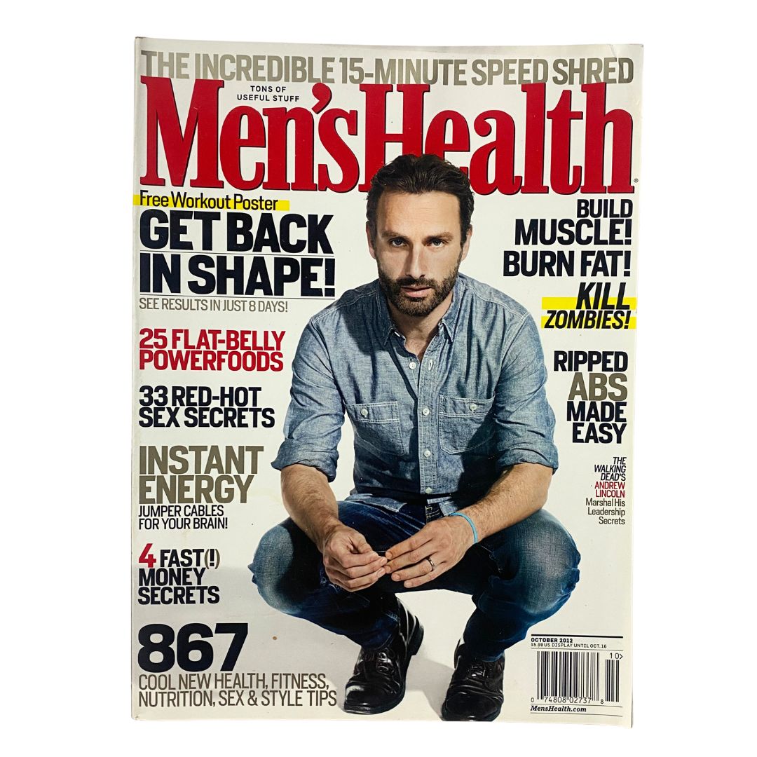 Men's Health Magazine October 2012 cover featuring Andrew Lincoln, star of The Walking Dead, showcasing articles on fitness, health, and wellness trends.