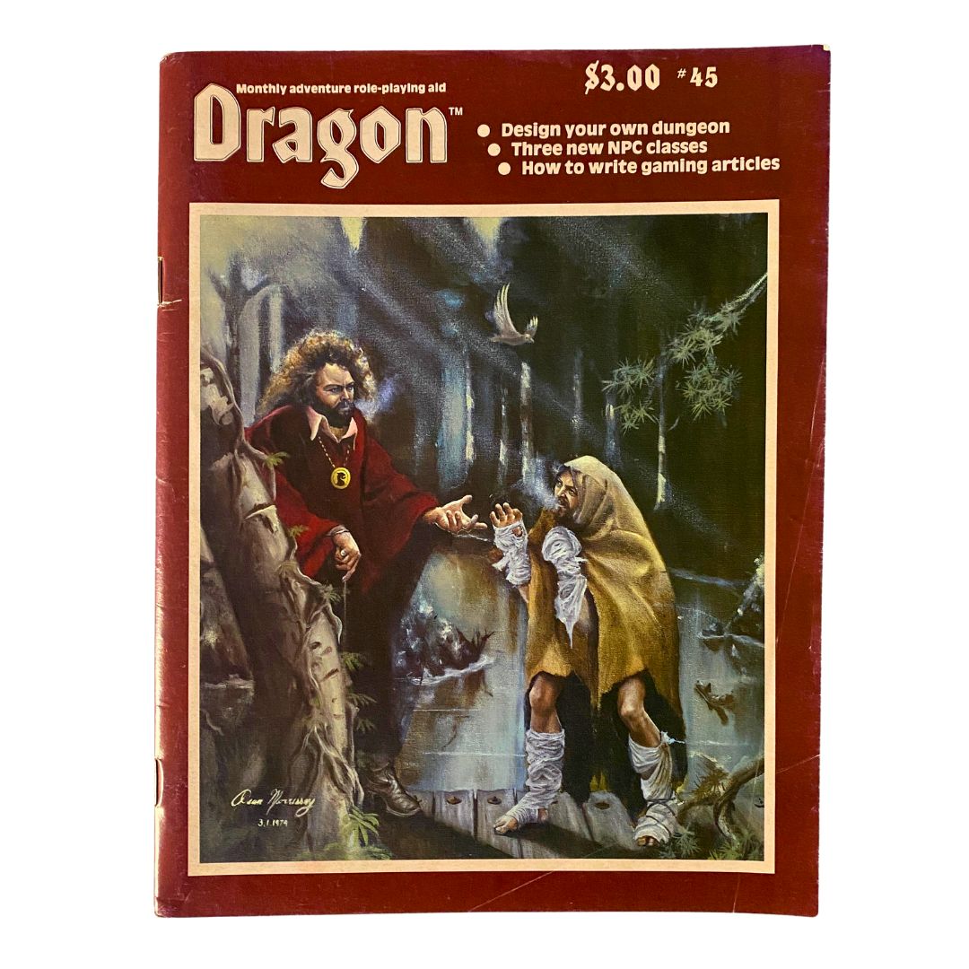 Cover of VTG The Dragon Magazine January 1981 #45 featuring dramatic fantasy artwork, showcasing a wizard in red robes speaking to a cloaked figure in a forest. The magazine is associated with the Dragon Dungeon Design Kit.