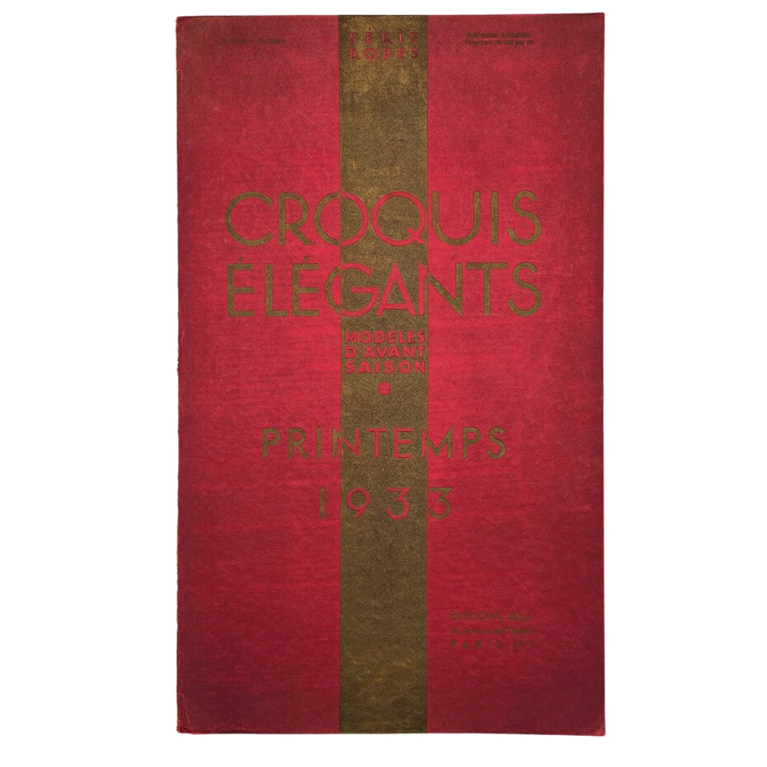 Croquis Élegants: Modeles D'Avant Saison Hiver 1933 Brochure cover featuring elegant red and gold design, representing the 1933 winter fashion collection.