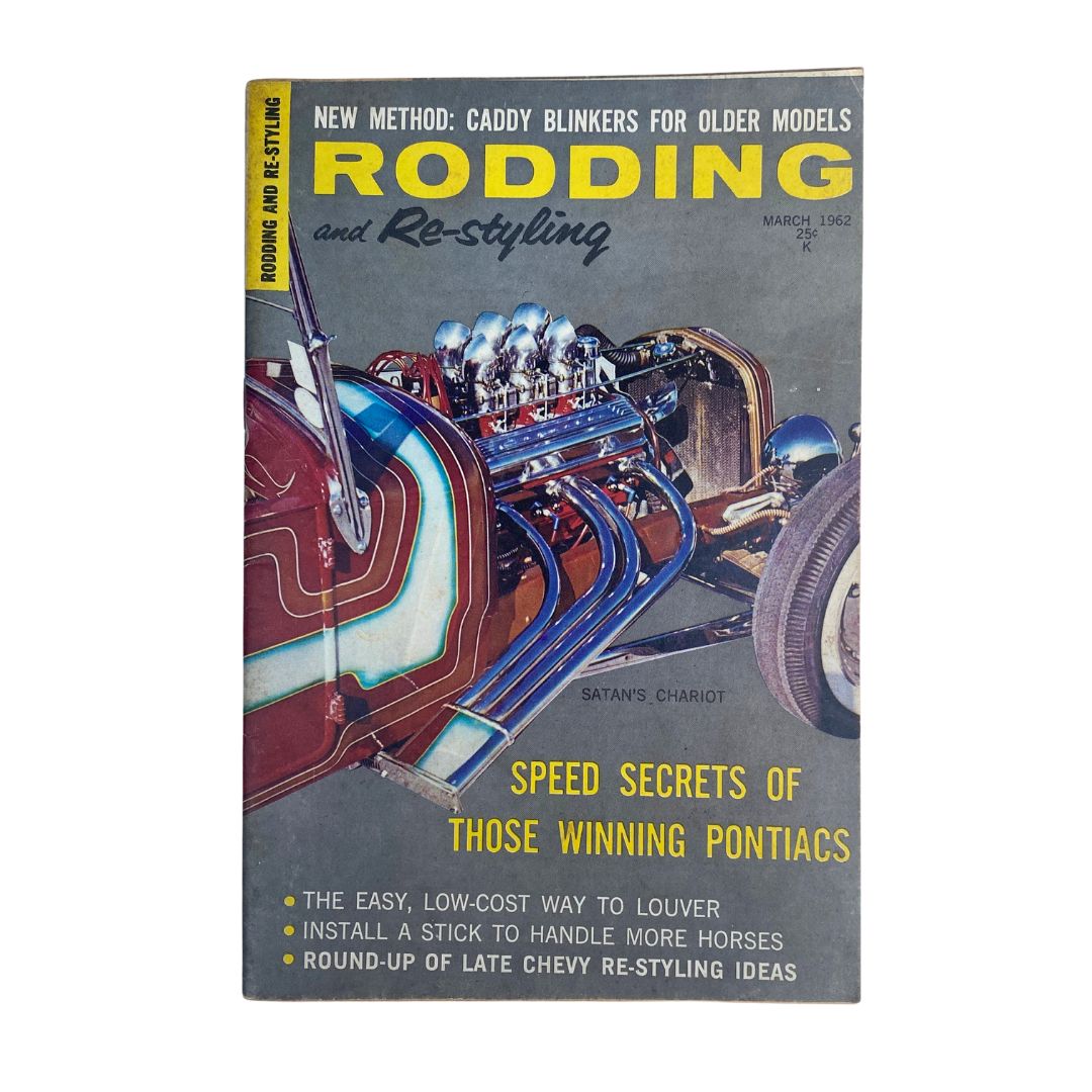 Cover of VTG Rodding & Re-Styling Magazine March 1962 titled 'Satan's Chariot', showcasing a colorful classic hot rod engine with detailed graphics and automotive tips.
