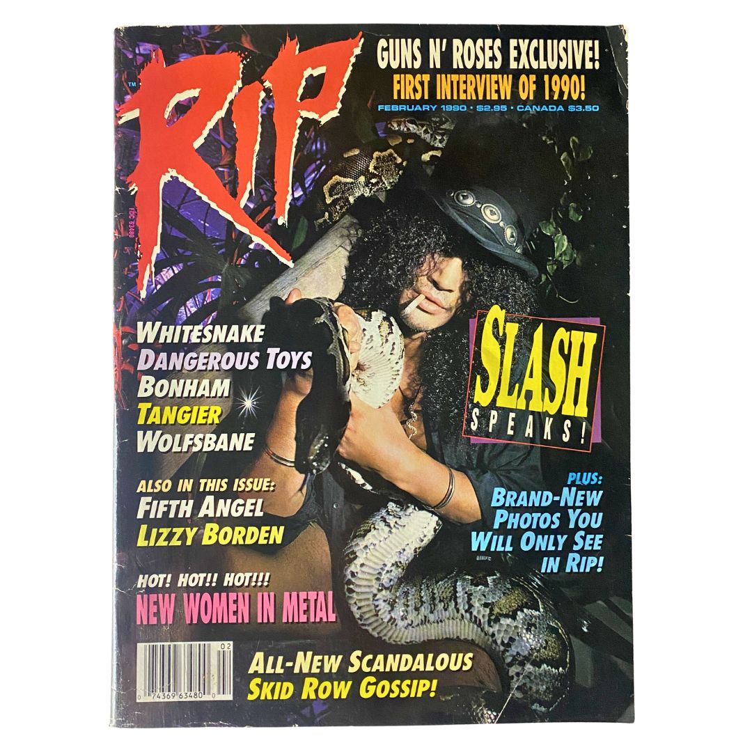 Cover of VTG RIP Magazine February 1990 featuring Slash of Guns N' Roses, highlighting 'Guns N' Roses Exclusive! First Interview of 1990.' This vintage magazine is a collector's item showcasing the iconic rock scene.