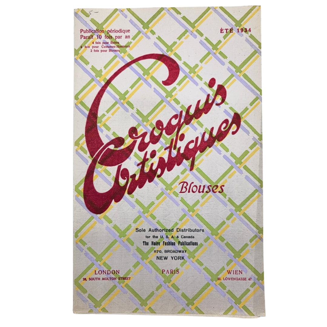 Cover of the 1934 Croquis Artistiques Blouses No. 5 Brochure Catalog showcasing vintage blouse designs with colorful patterns and text highlighting fashion trends from the 1930s.
