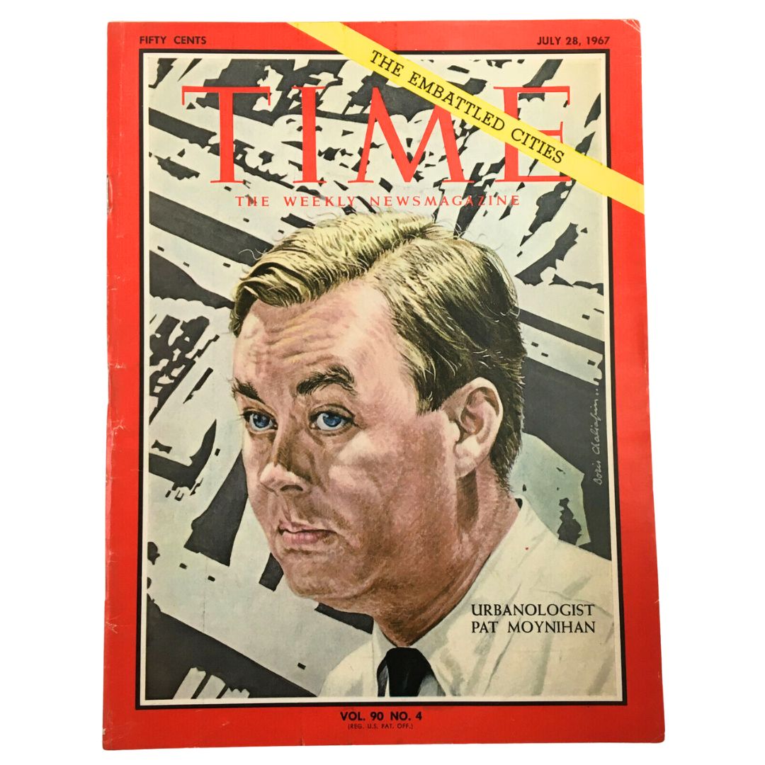 Vintage Time Magazine cover from July 28, 1967, featuring Pat Moynihan, Vol. 90 No. 4. Highlighting the theme 'The Embattled Cities' with a compelling image of the urbanologist.