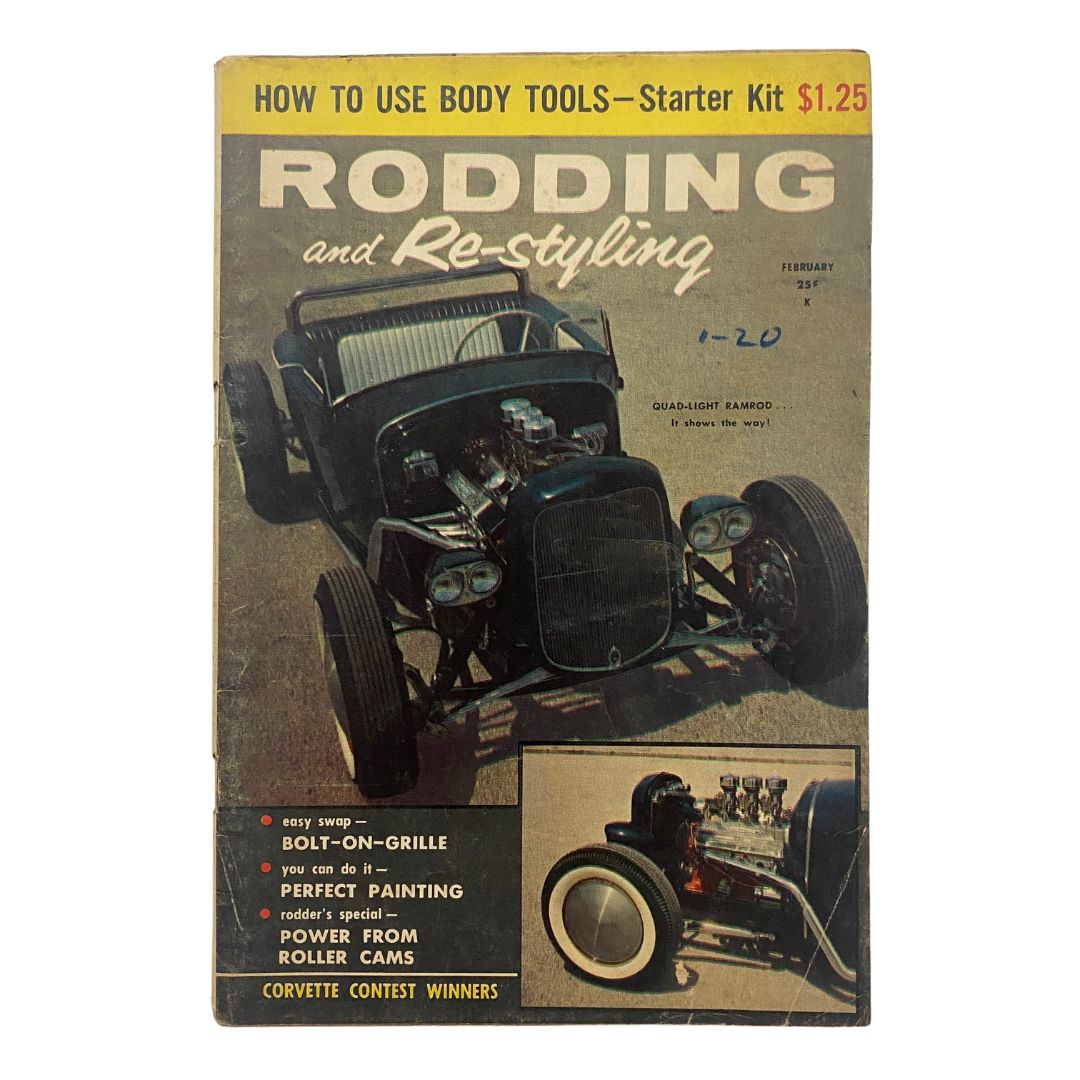 Cover of VTG Rodding & Re-Styling Magazine February 1959 featuring De Bruyn's Fine Deuce car model, showcasing vintage automotive design.