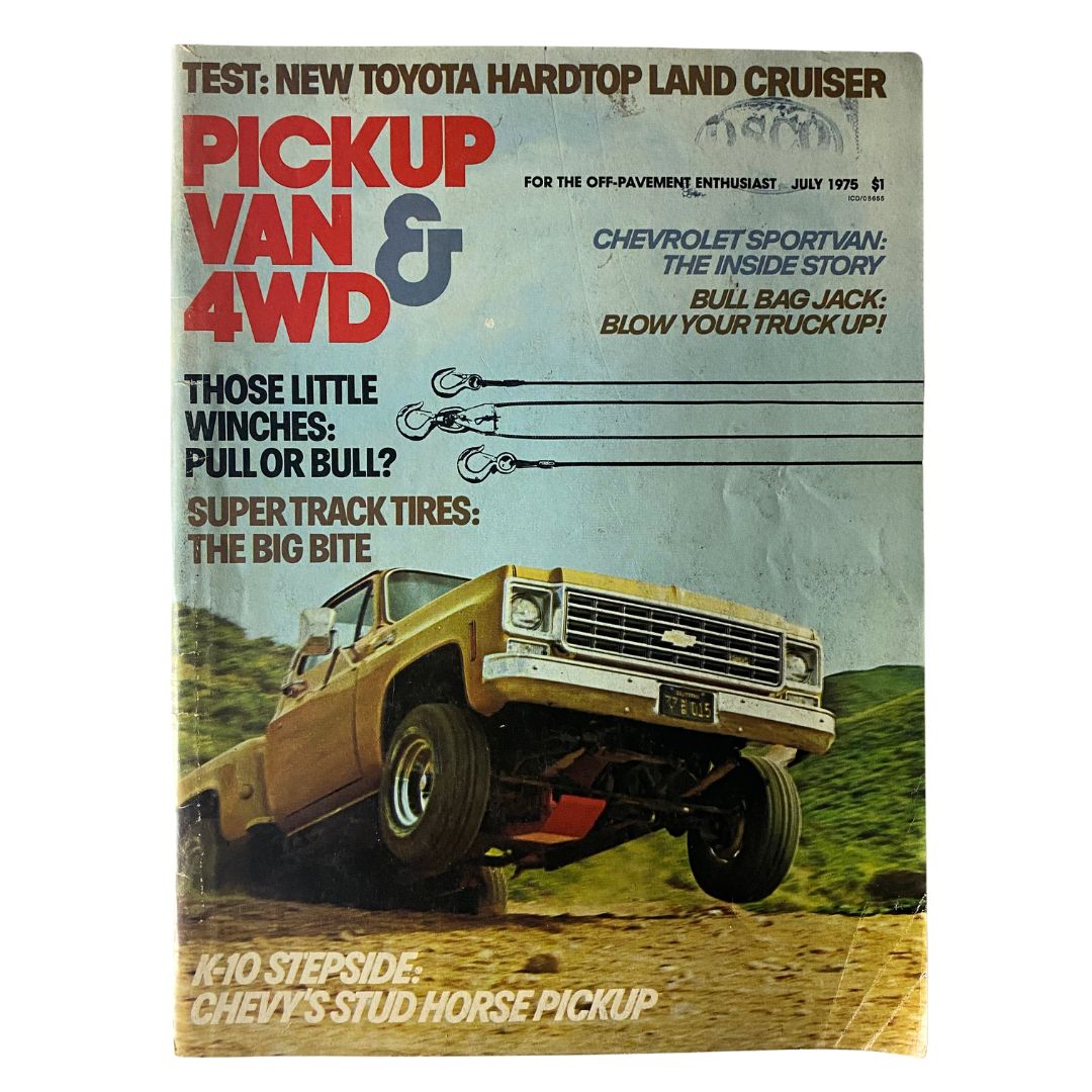 Cover of VTG Pickup, Van & 4WD Magazine July 1975 featuring Chevy's Stud Horse Pickup with a vintage design and bold headlines.