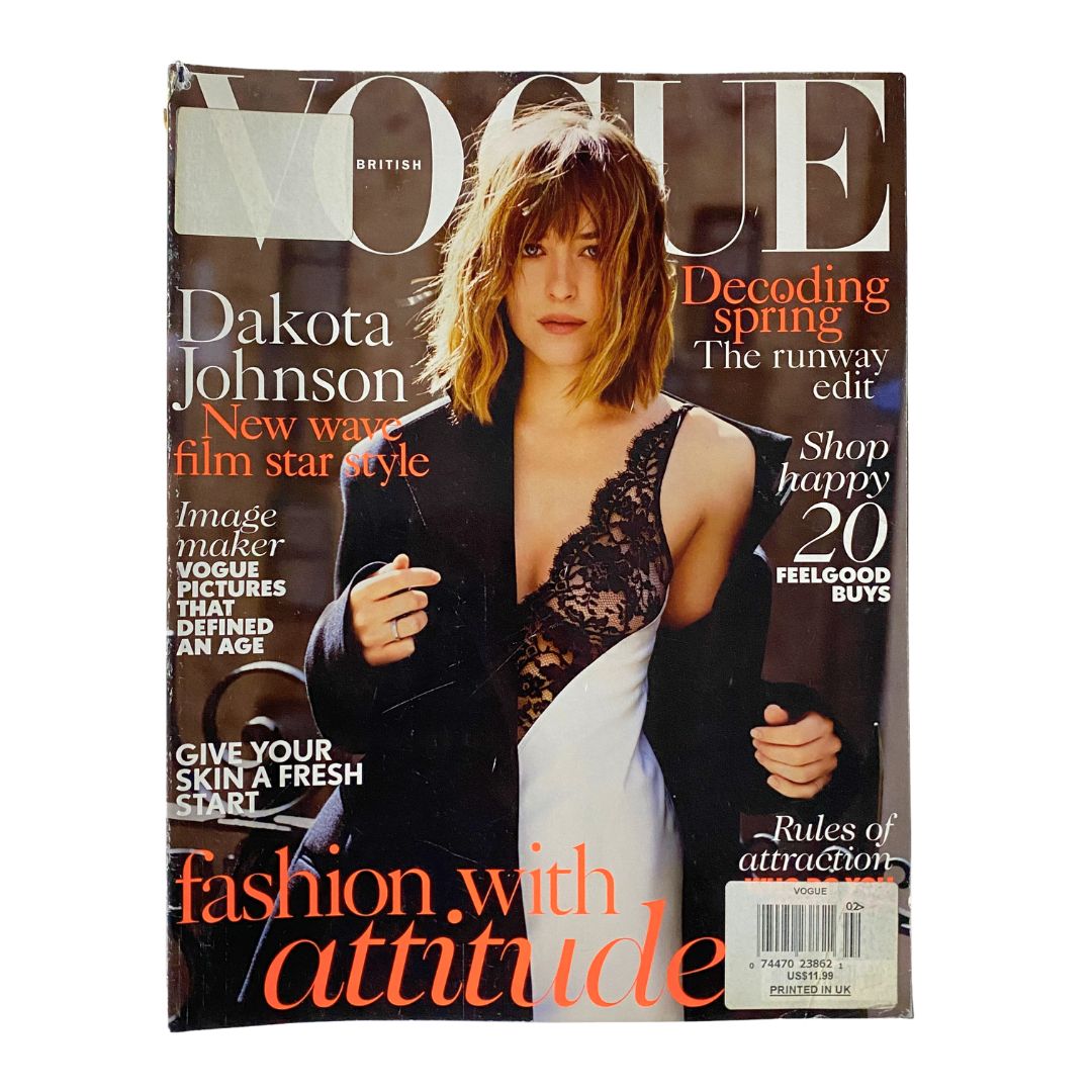 Cover of British Vogue UK Magazine February 2016 featuring Dakota Johnson, showcasing her as a fashion icon with a striking look and bold hairstyle.