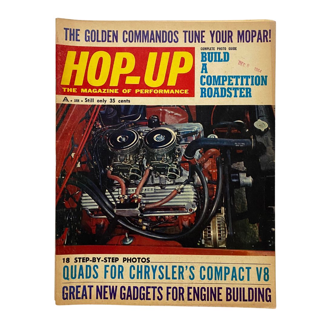 VTG Hop Up Magazine January 1965 cover featuring 'Quads for Chrysler's Compact V8' with vibrant illustrations and headlines