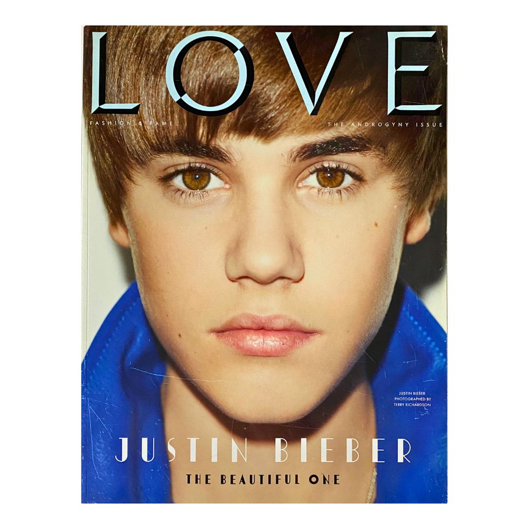 Love Magazine 2011 featuring Justin Bieber on the cover titled 'The Beautiful One' showcasing his distinct look and style, ideal for collectors and fans.