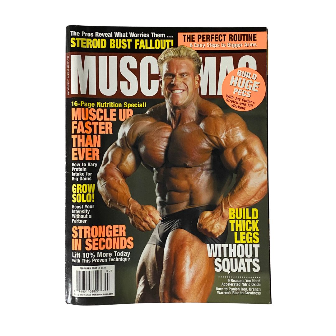Cover of MuscleMag Magazine, February 2008, featuring bodybuilding champion Jay Cutler, showcasing fitness tips and nutrition advice. No label, issue number 309.
