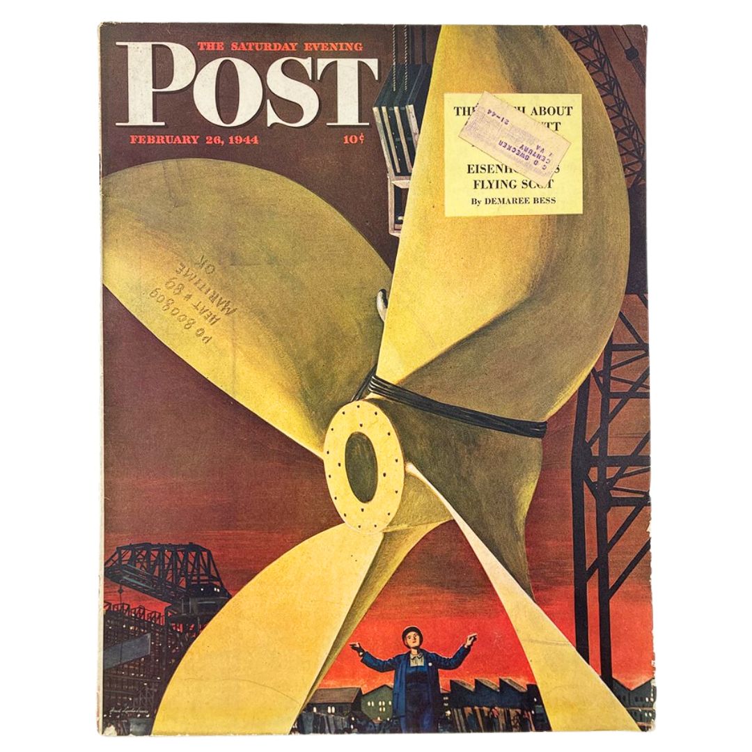 The Saturday Evening Post February 26 1944 cover featuring a striking illustration by Fred Ludekens depicting a large ship propeller with a shipyard background, highlighting the industrial spirit of World War II.