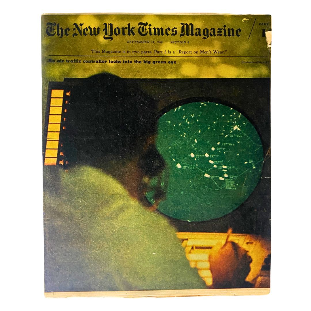 Cover of The New York Times Magazine from September 14, 1969, featuring a report on men's wear, showcasing vintage design and air traffic control imagery.