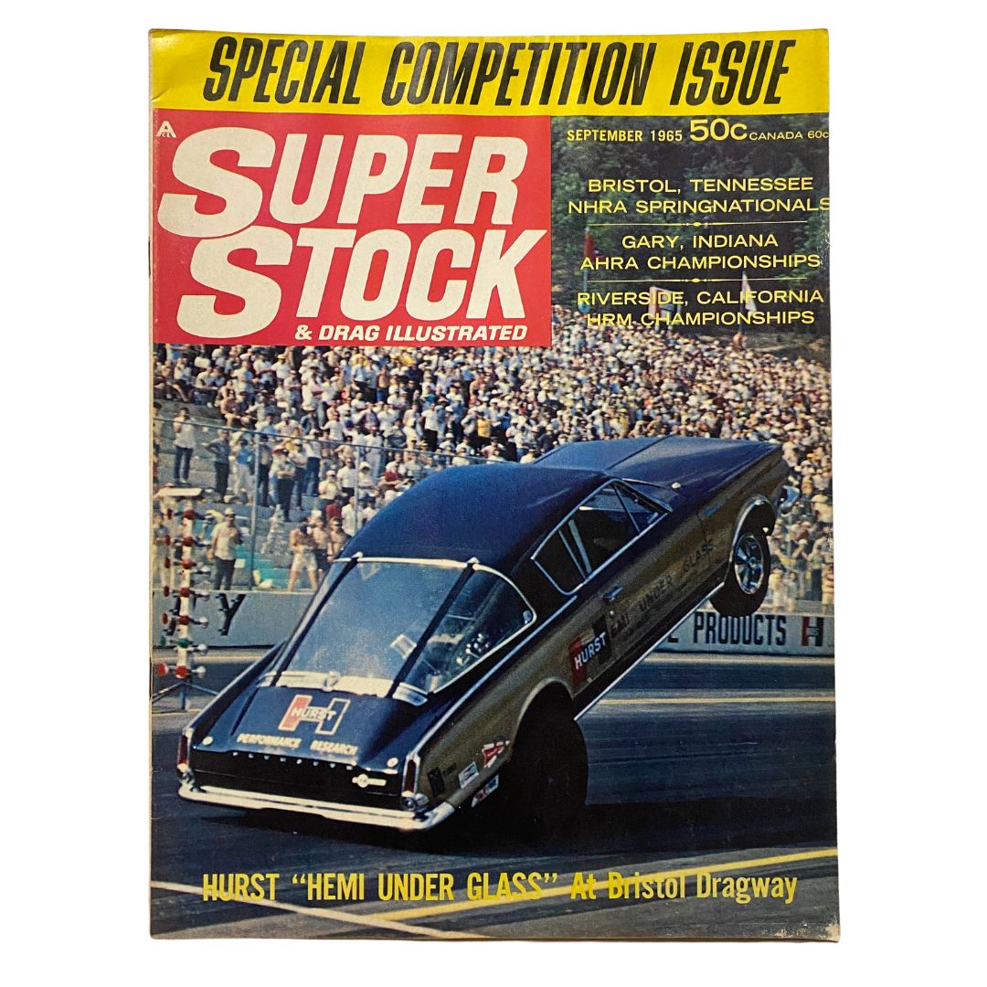 Super Stock & Drag Illustrated Magazine September 1965 cover featuring the iconic Hemi Under Glass at Bristol Dragway, showcasing a thrilling drag racing event with a large crowd in the background.