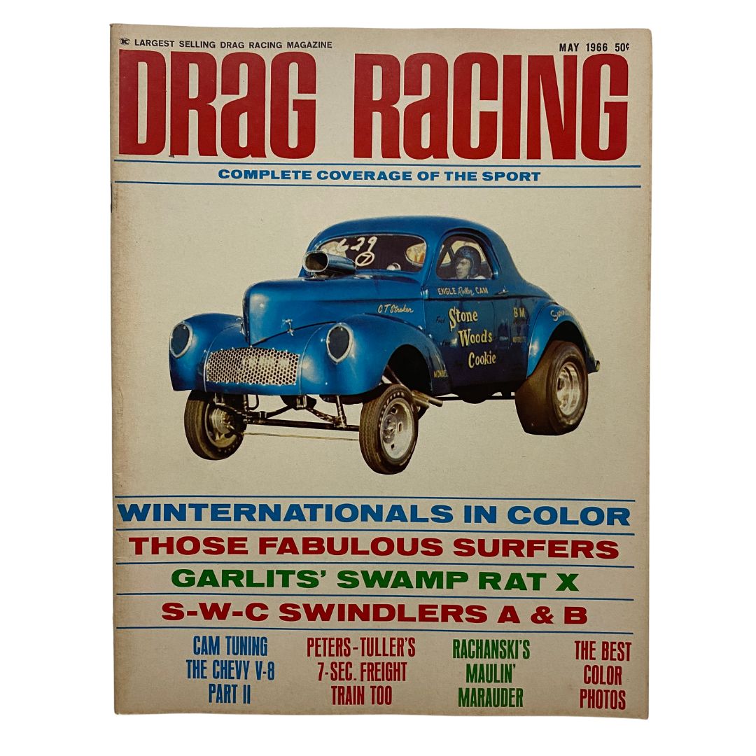 VTG Drag Racing Magazine May 1966 featuring the A/Gas Supercharged Willys of Stone on the cover, showcasing the thrilling world of vintage drag racing.