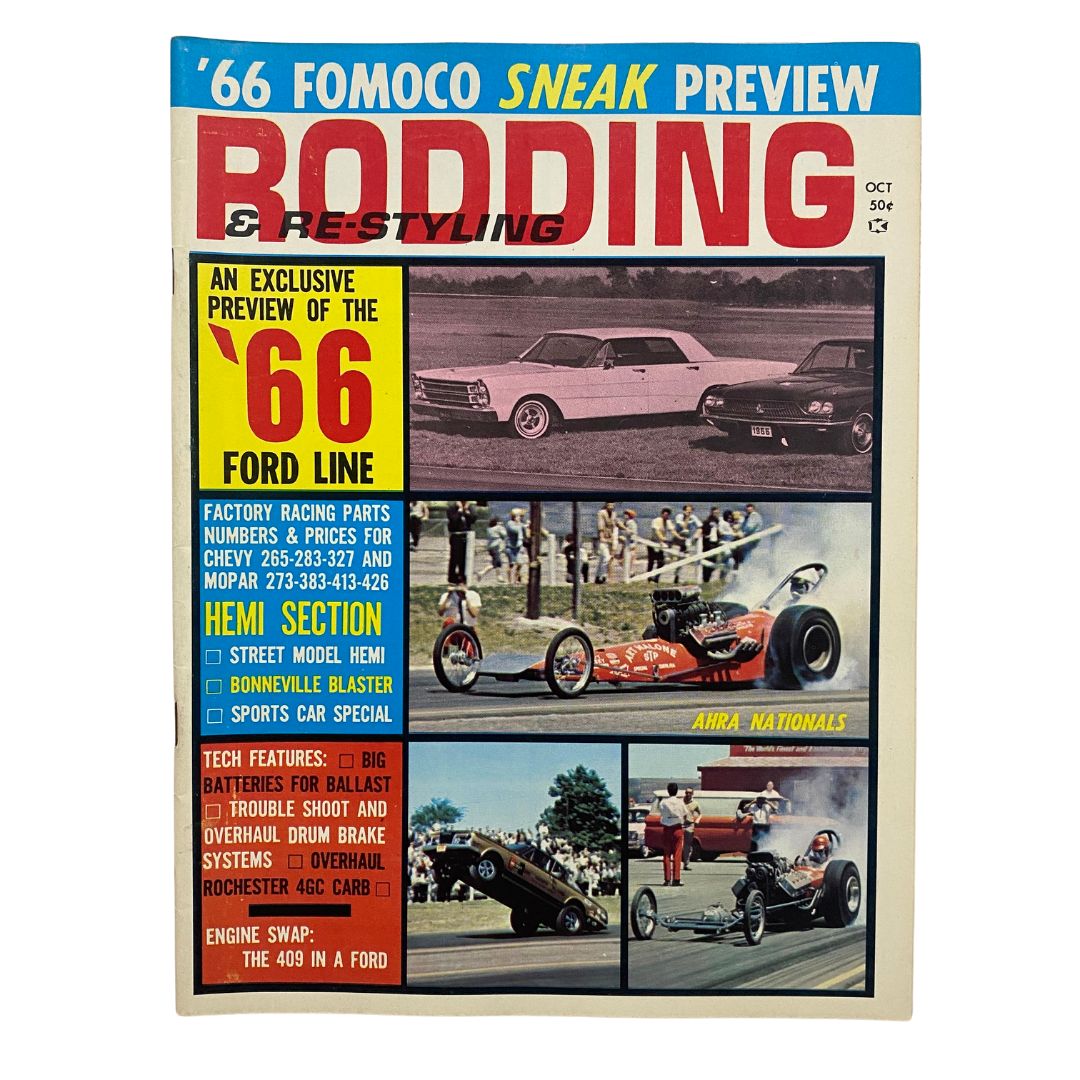 Rodding & Re-Styling Magazine October 1965 cover featuring an exclusive preview of the '66 Ford line, showcasing factory racing parts, Hemi section, and the featured engine swap: the 409 Ford.