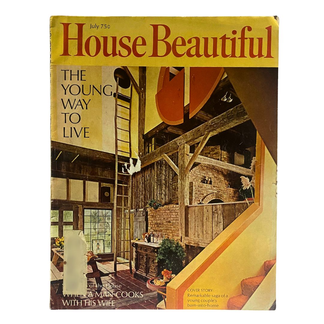 VTG House Beautiful Magazine July 1969 featuring a stunning cover design showcasing a rustic barn interior by Mr. and Mrs. Alan Bomser.