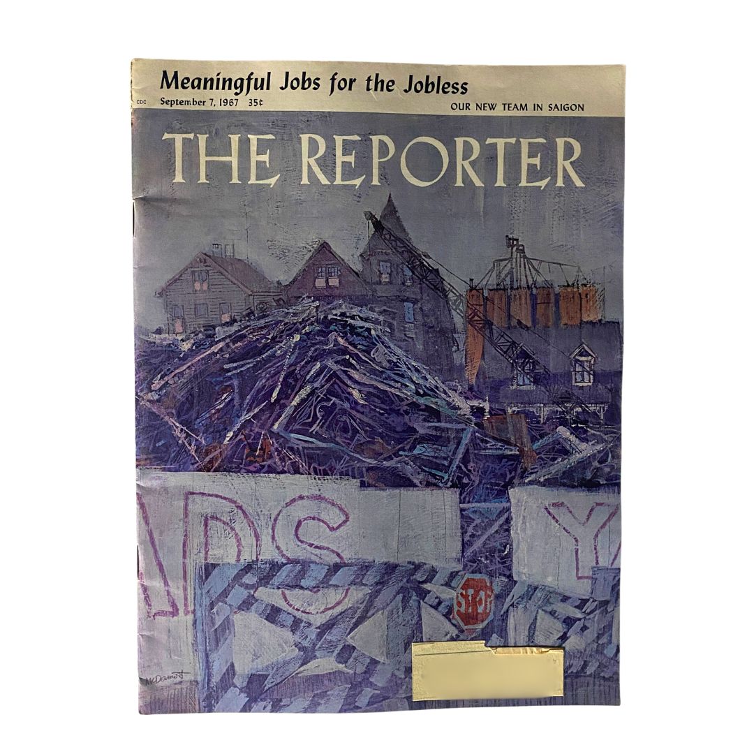 VTG The Reporter Magazine September 7 1967 cover featuring the title 'Meaningful Jobs for the Jobless' with a graphic depiction of urban landscape and construction debris.