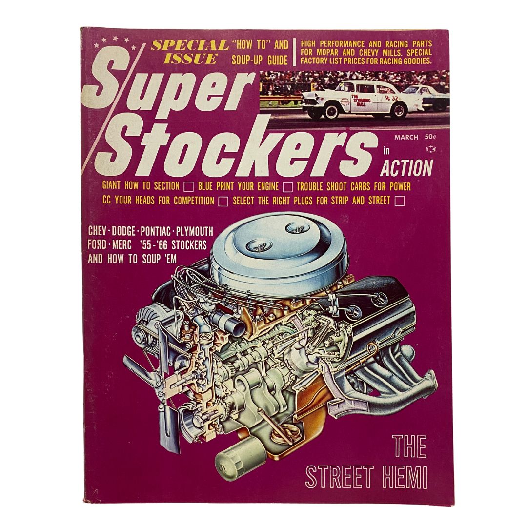 Cover of Super Stockers in Action Magazine, March 1966, featuring a detailed illustration of a high-performance engine and showcasing various car performance topics.
