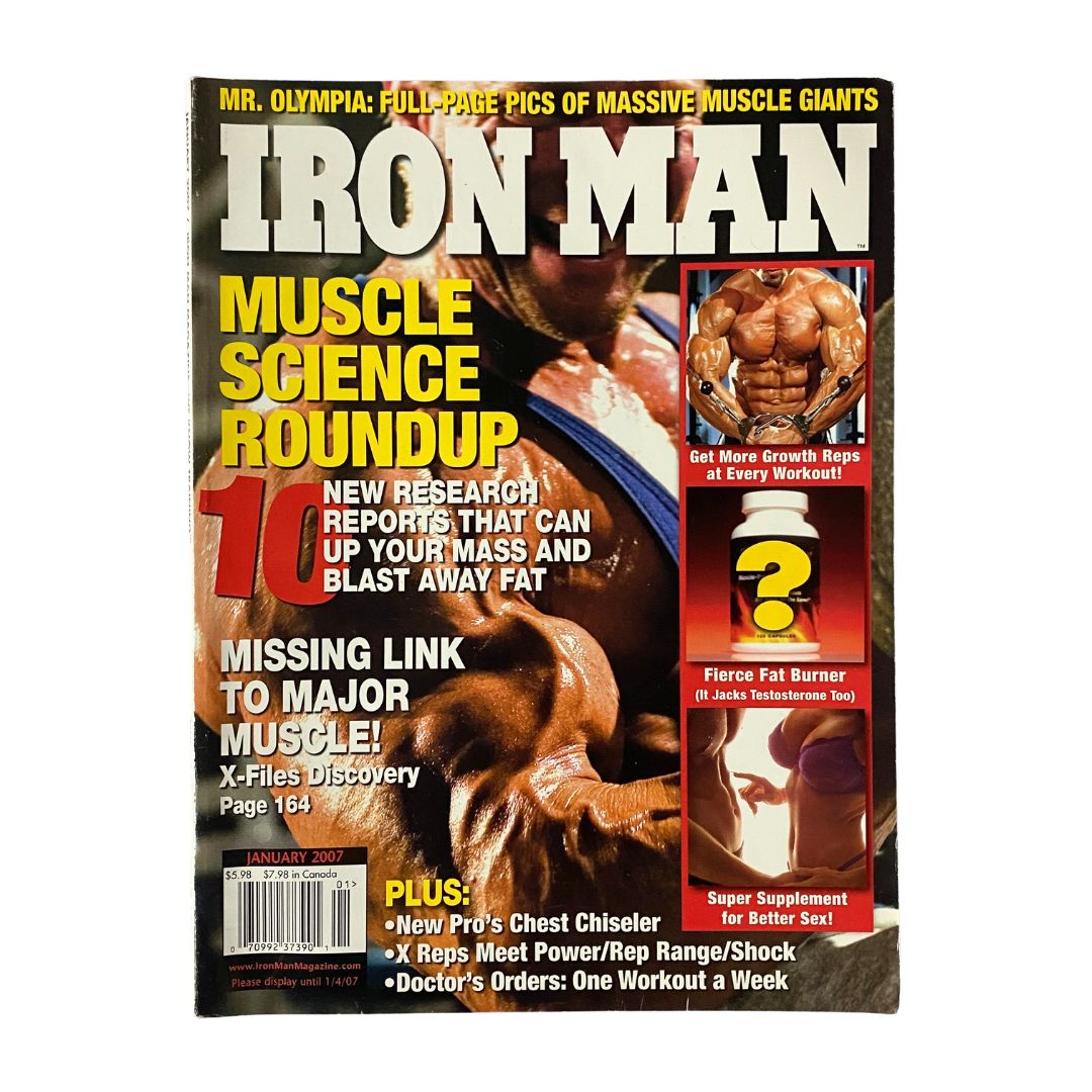 Iron Man Magazine January 2007 featuring Phil Heath on the cover, highlighting muscle science, workout tips, and bodybuilding insights.
