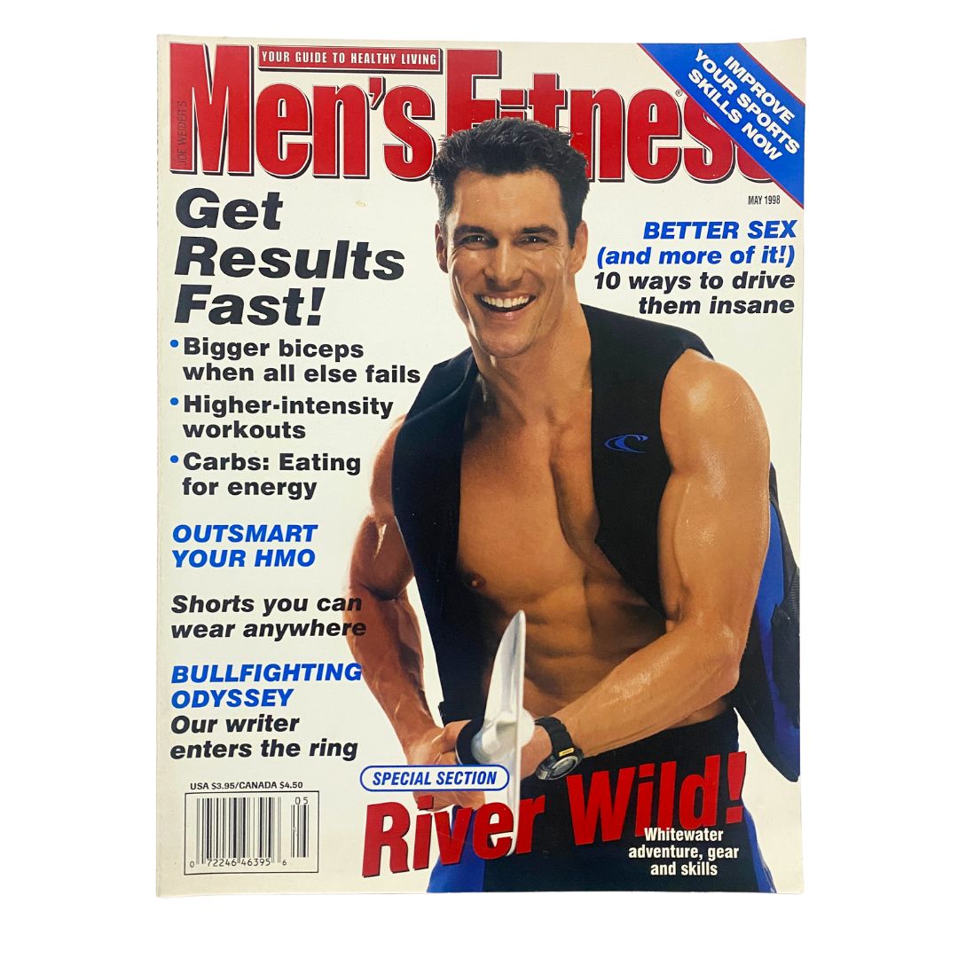 Men's Fitness Magazine May 1998 cover featuring a muscular man smiling, showcasing fitness tips and articles on health and workouts, titled 'Men's Fitness Magazine May 1998 Tom Cortesi Cover for River Wild'. Includes highlights on workouts, nutrition, and fun outdoors activities.