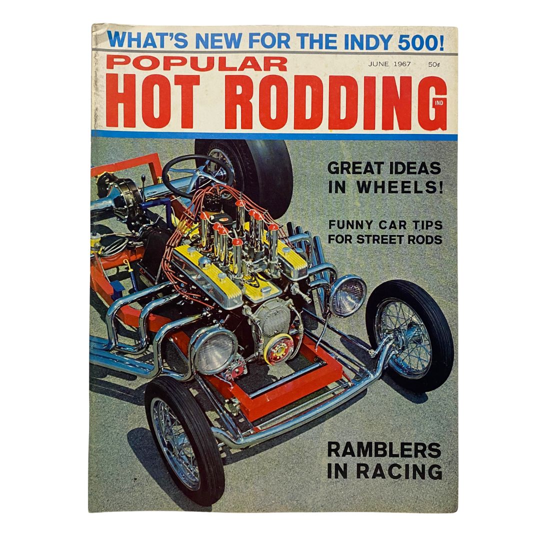 Front cover of VTG Popular Hot Rodding Magazine June 1967 featuring Ramblers in Racing, showcasing a detailed automotive illustration and bold headlines about hot rodding.