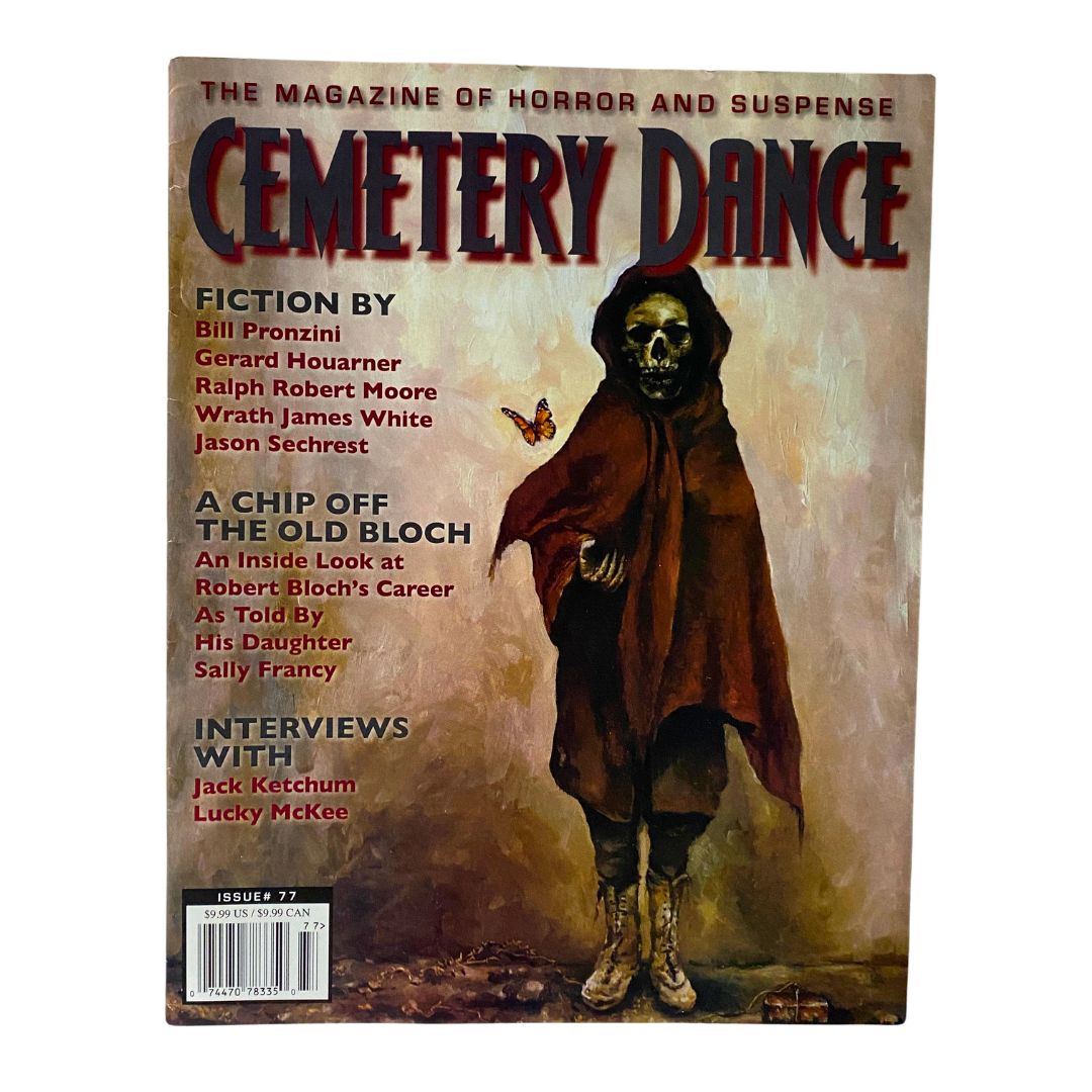 Cemetery Dance Magazine March 2023 Issue #77 cover featuring a skeletal figure in a hooded cloak, showcasing the theme of horror and suspense. The cover title 'Cemetery Dance' is prominently displayed with accompanying artwork.